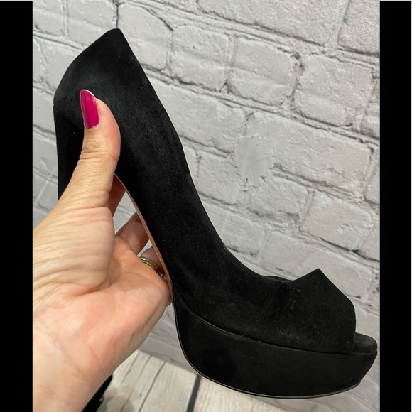 Miu Miu Peep Toe Platform Pumps Women Black Suede Heel Shoes  37.5/US 7 - Picture 7 of 16